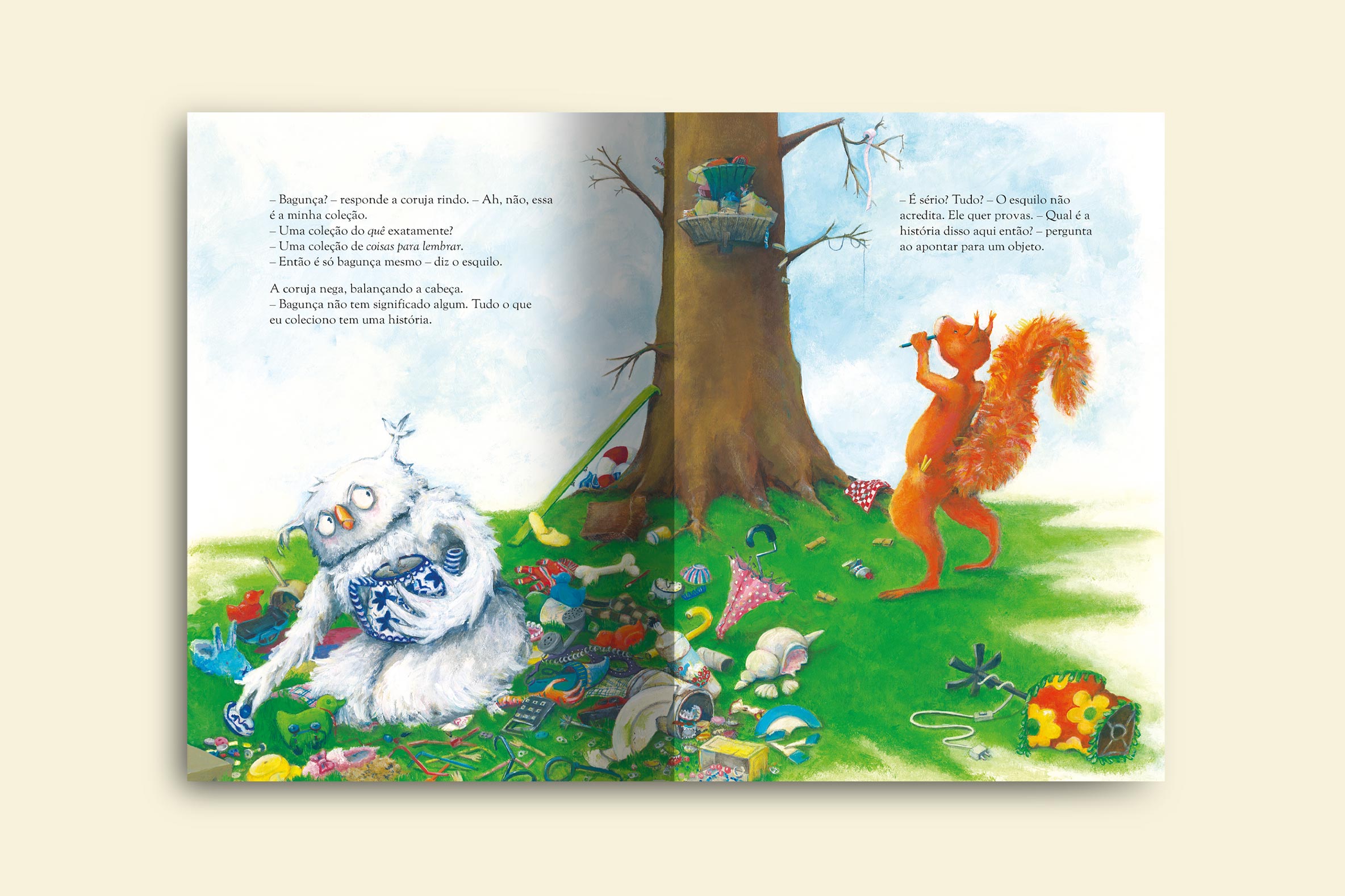 a coruja juntando todos os seus objetos para lembrar enquanto o esquilo questiona a coruja se lembra de todas as historias dessas livro coisas para lembrar colecao avulsa
