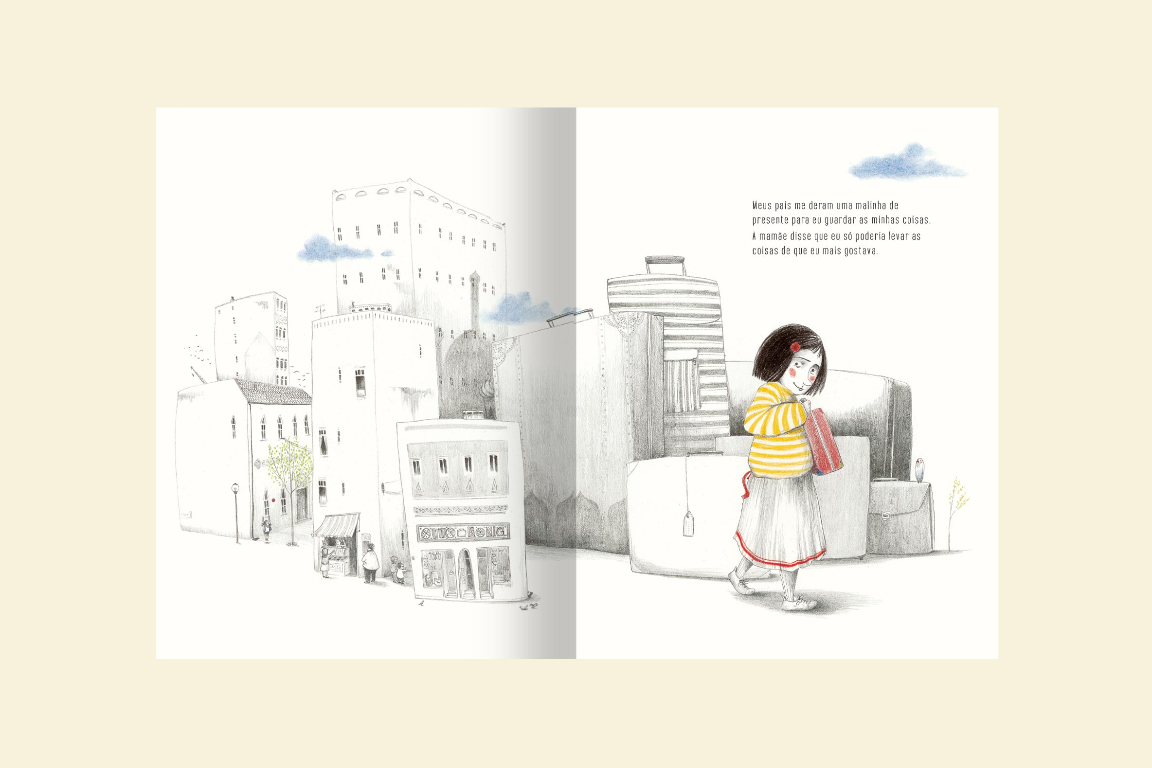 a menina segurando sua malinha vermelha em meio a varias malas maiores que a menina so pode levar coisas que mais livro as coisas de que mais gosto colecao avulsa