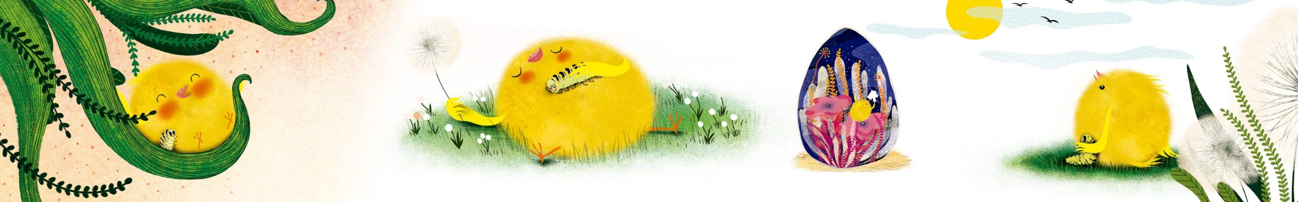 banner o pintinho feliz pintinho amarelo deitado na grama segurando um dente de leao scaled