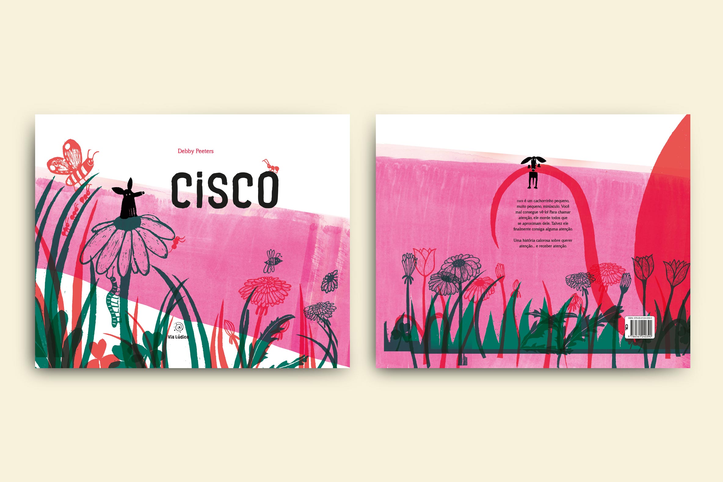 capa livro cisco colecao avulsa um cachorrinho preto minusculo em cima de uma flor ao redor de um jardim com varios insetos coloridos do via ludica
