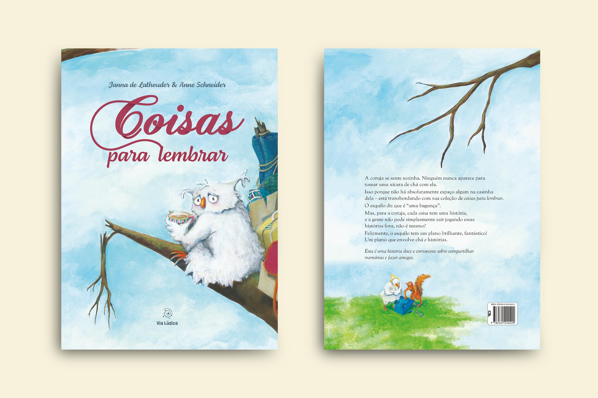 capa livro coisas para lembrar colecao avulsa coruja em cima da arvore tomando cha com cara de preocupada ao lado de suas varias coisas acumuladas via ludica