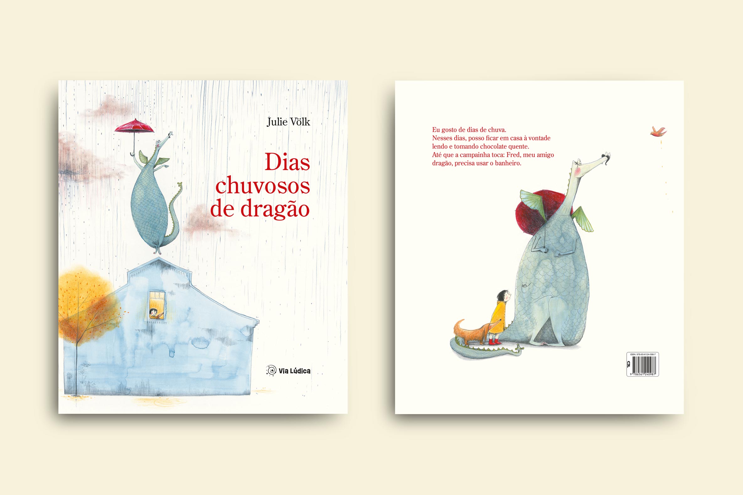 capa livro dias chuvosos de dragao colecao avulsa um dragao azul segurando um guarda chuva vermelho em cima de uma casa azul em um dia chuvoso via ludica