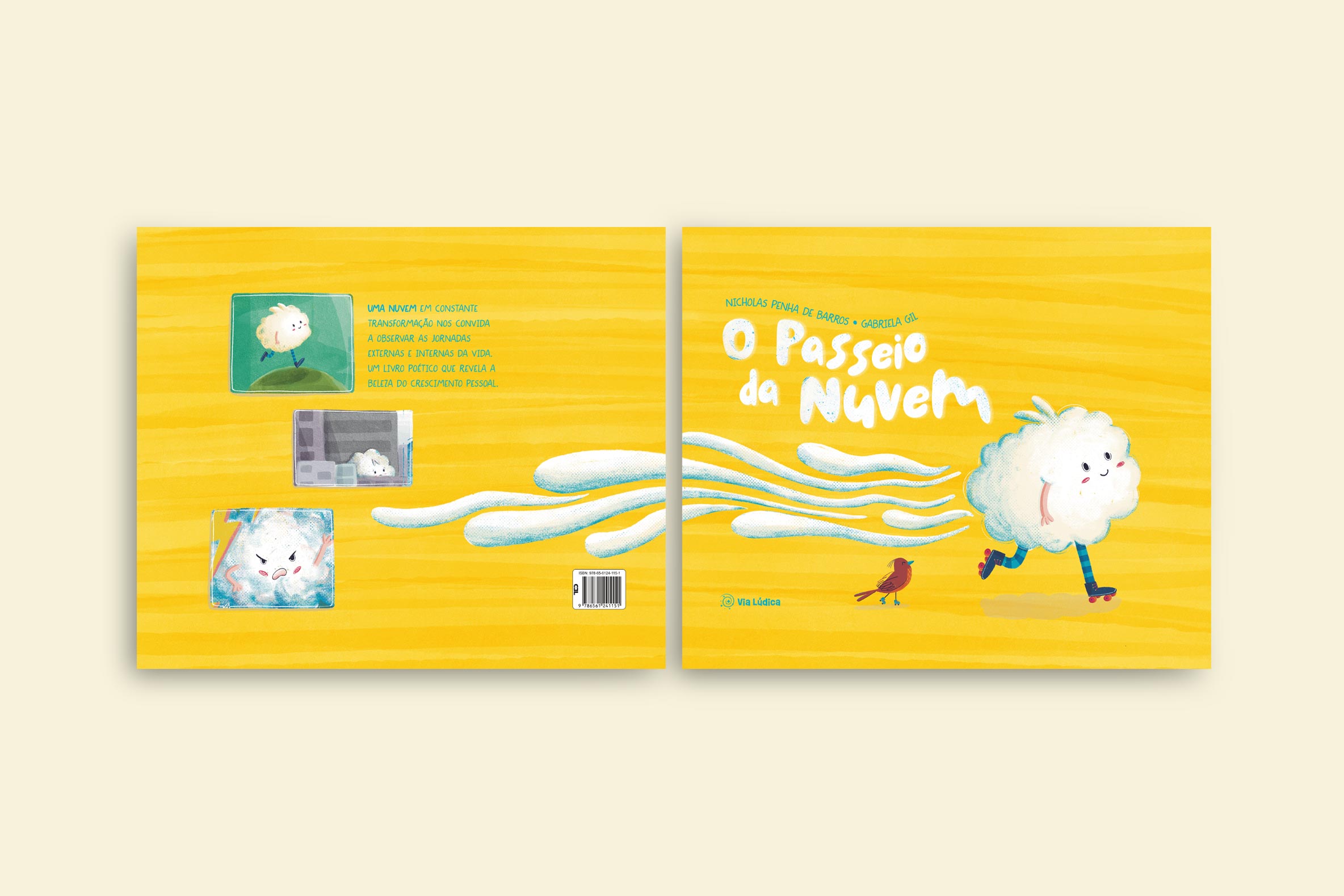 capa livro o passeio da nuvem colecao brasilidades uma nuvem branca e macia andando rapido em cima de um patins junto de um passarinho pequeno via ludica