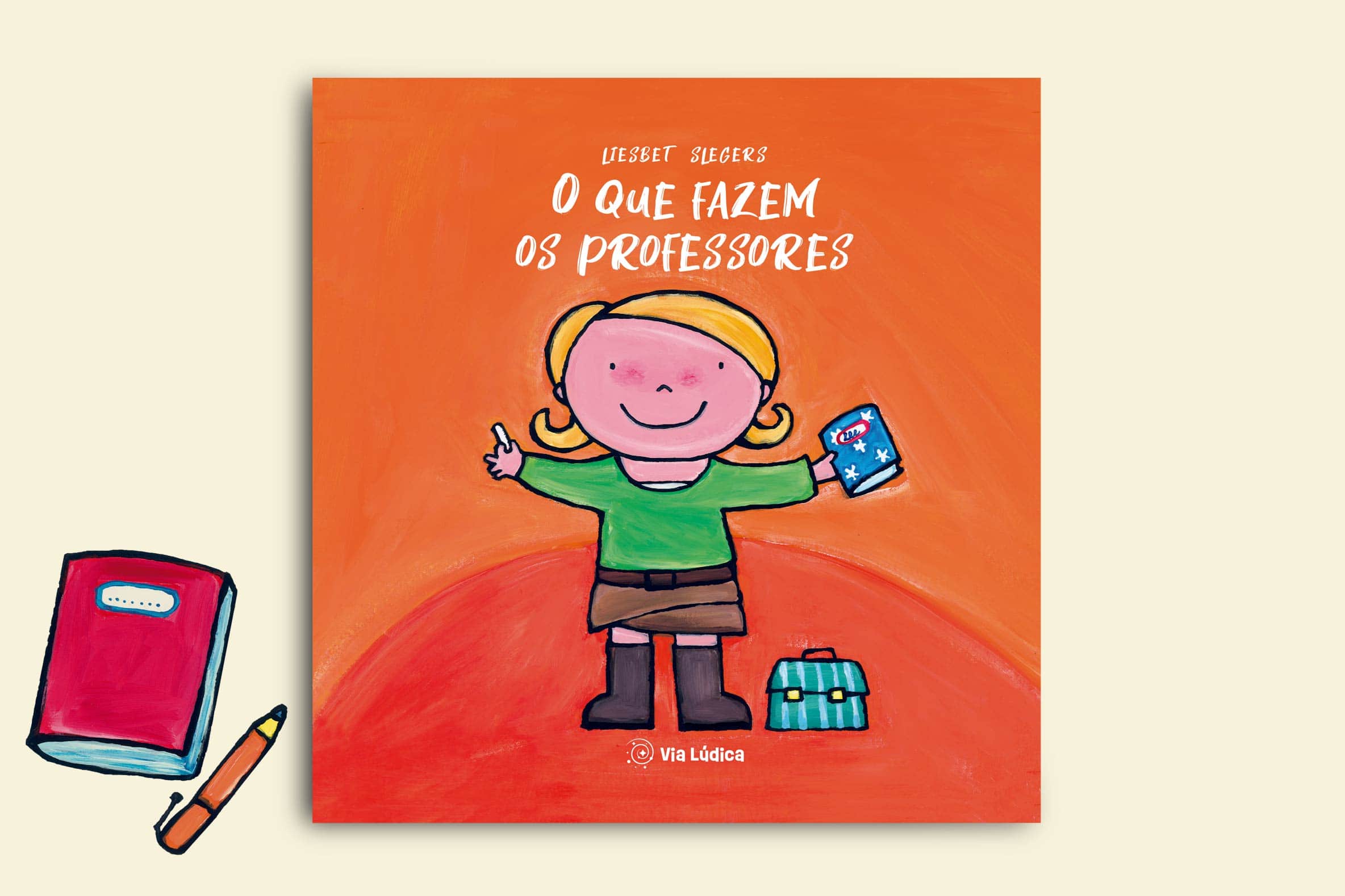 capa livro o que fazem os professores colecao profissoes menina loira com livro giz na mao com sua bolsa ao lado via ludica