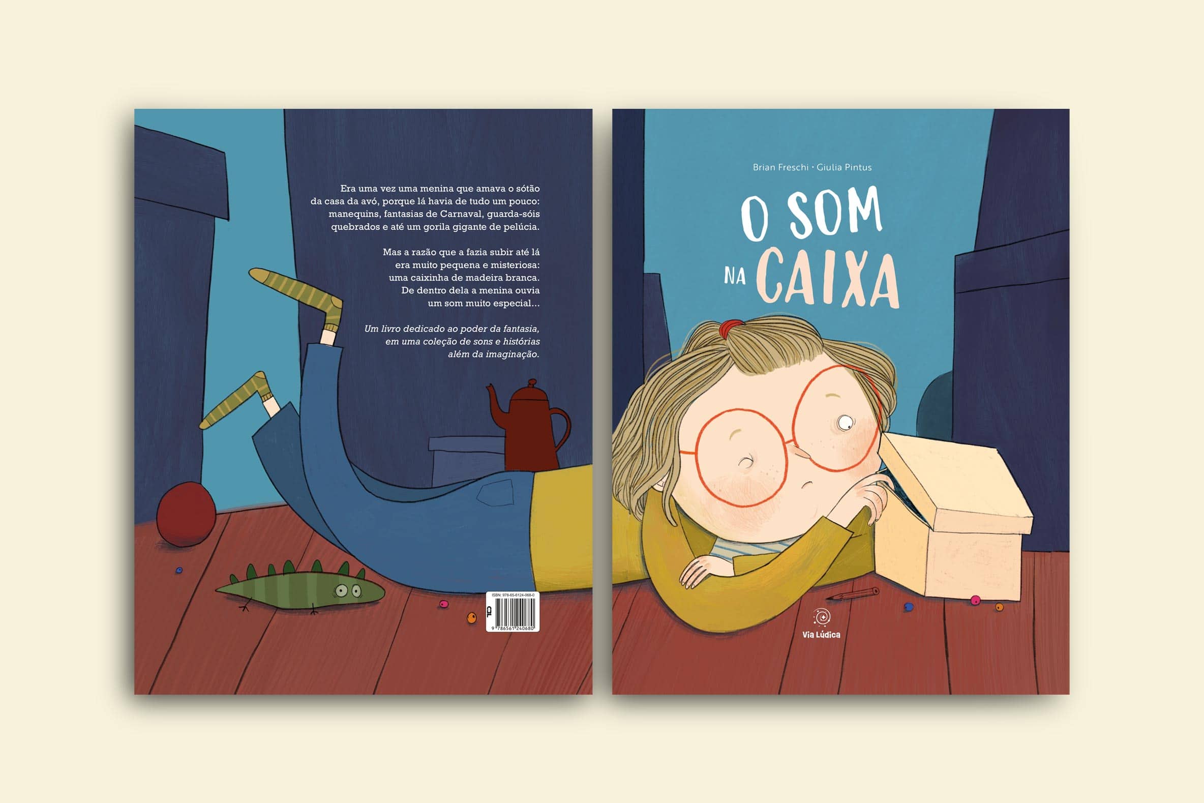 capa livro o som na caixa colecao avulsa menina de oculos deitada no chao de madeira olhando uma caixa entreaberta via ludica