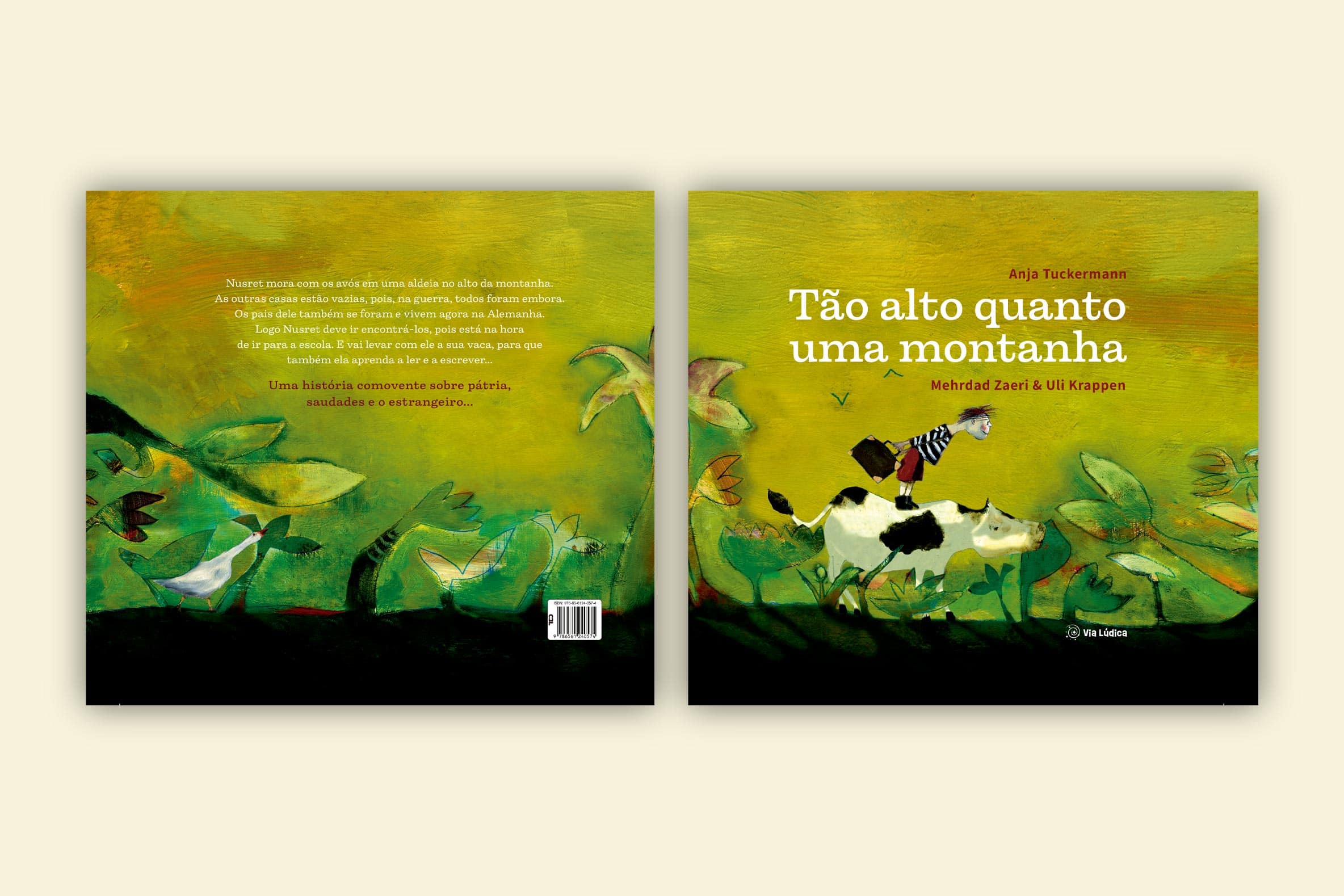 capa livro tao alto quanto uma montanha colecao avulsa um homem segurando uma mala de mao olhando para frente em cima de uma vaca via ludica