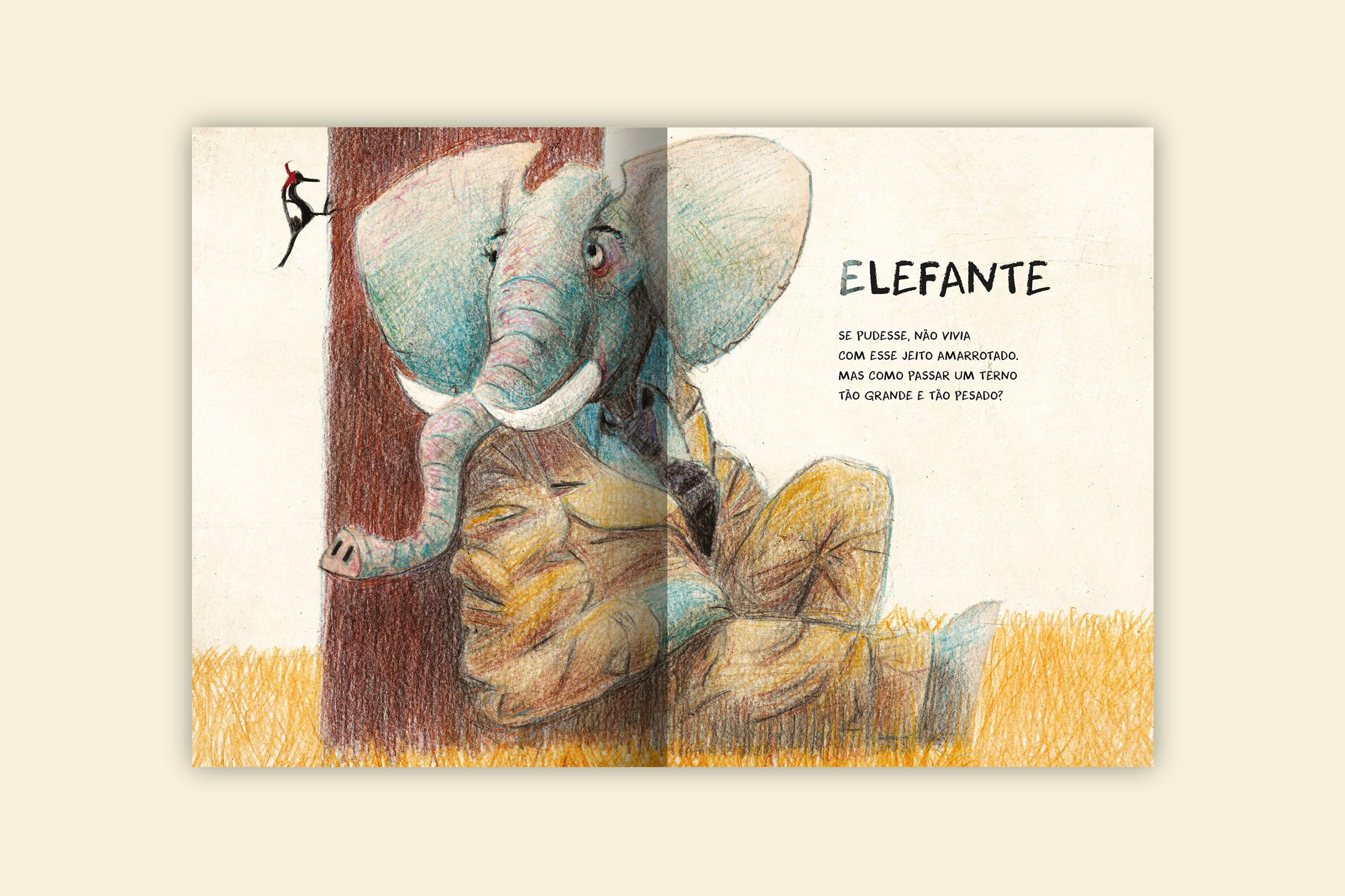 elefante usando um terno amarrotado encostado em uma arvore observando um pica pau no topo de uma arvore livro na passarela do mundo colecao brasilidades