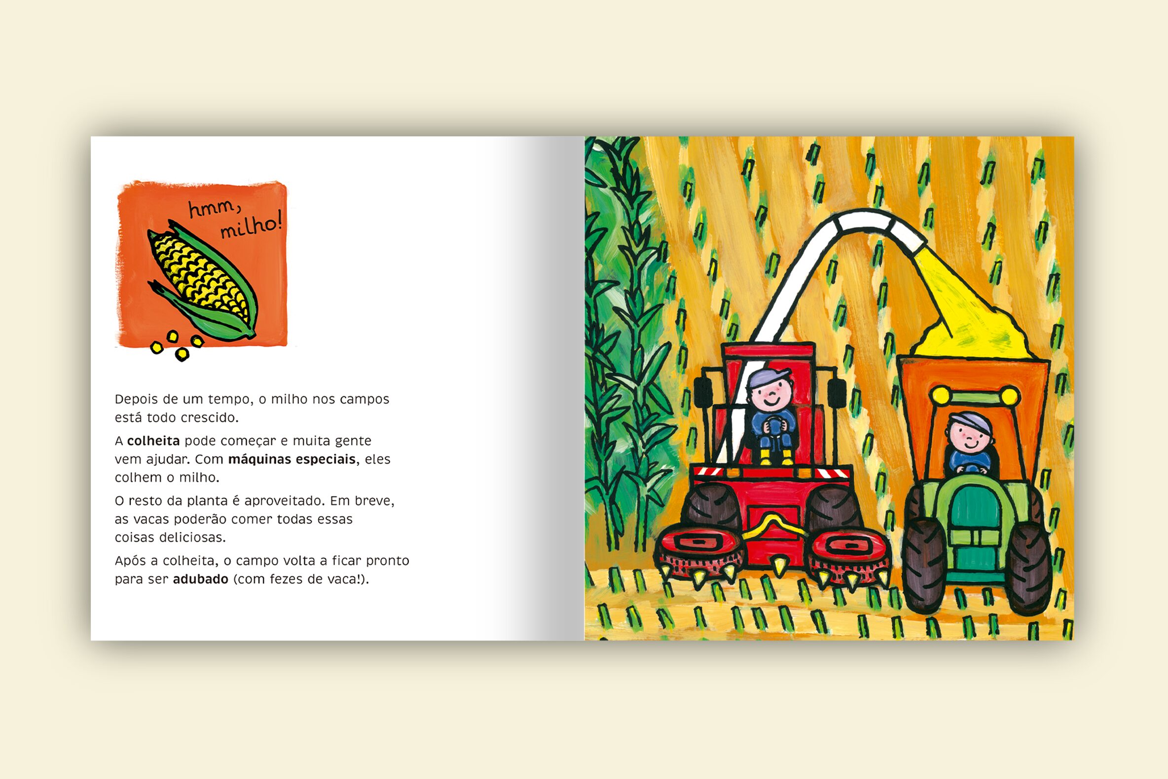 fazendeiro cortando milho com maquinas especiais e adubando o solo livro o que fazem os fazendeiros colecao