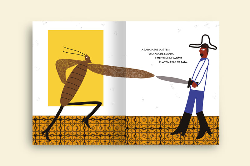 homem segurando uma espada enfrentando uma barata com asa de espada livro cantigas de invento colecao brasilidades
