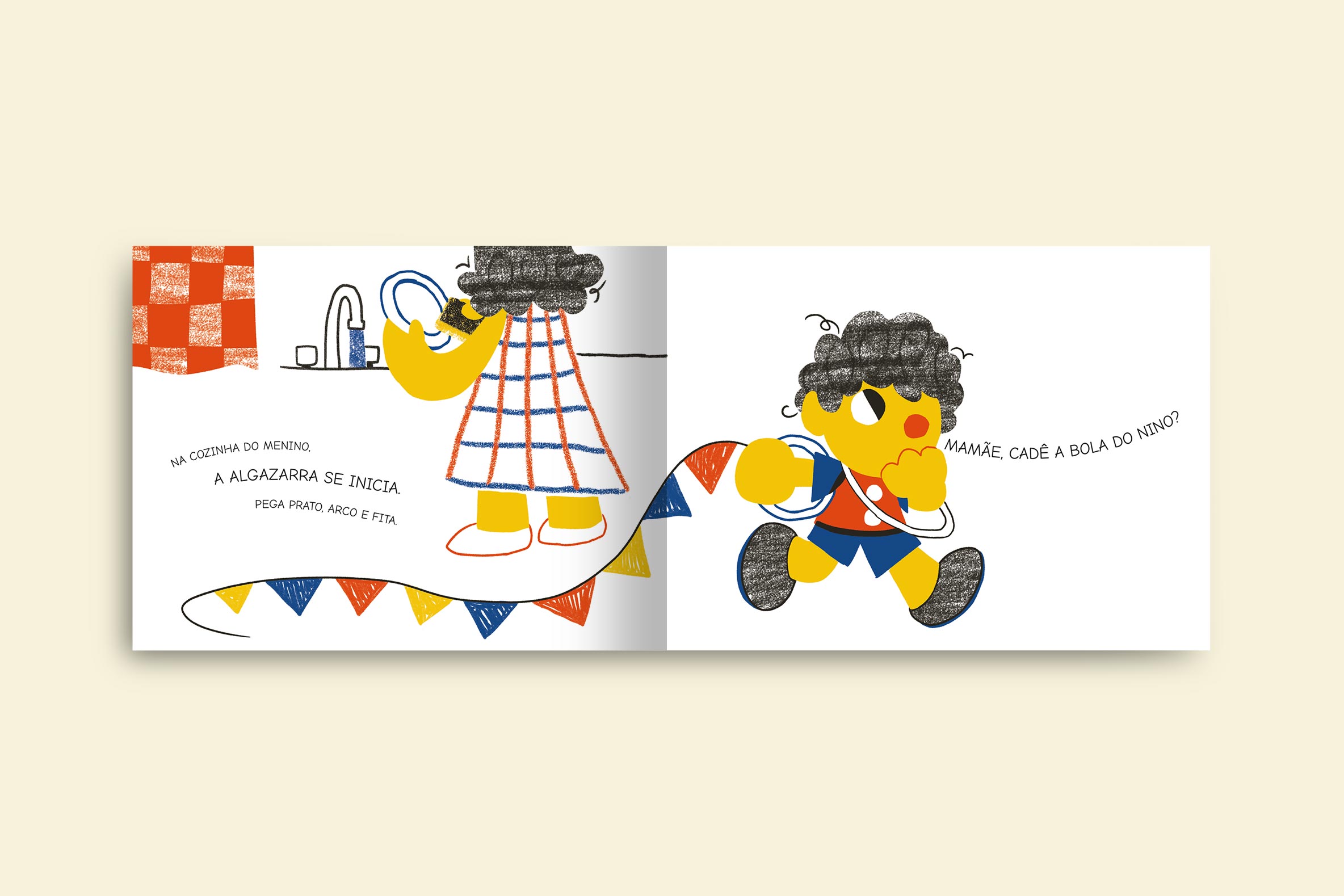 nino na cozinha segurando uma linha com bandeirinhas coloridas perguntando para sua mae onde esta sua bolinha livro nino colecao brasilidades