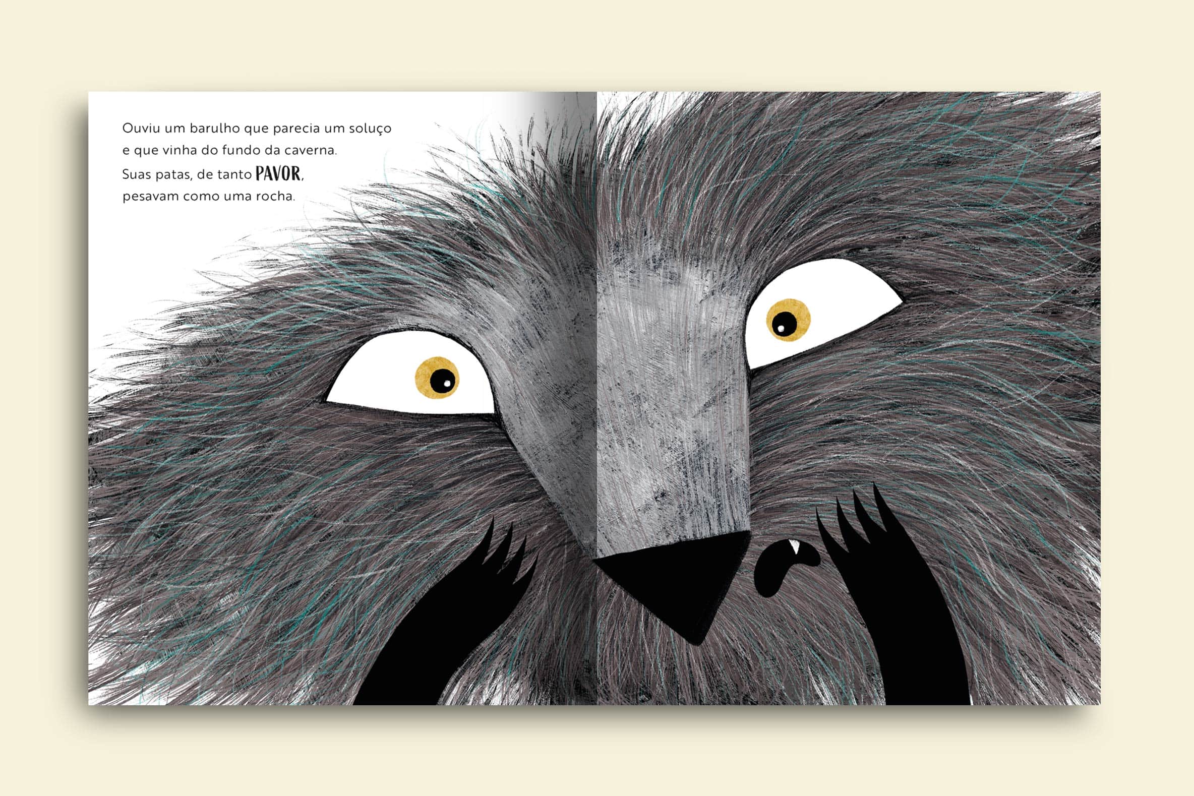 o lobo cinza ouviu um barulho que parecia um soluco e que vinha do fundo da caverna suas patas de tanto pavor pesavam como uma rocha livro o lobo medroso colecao emocoes