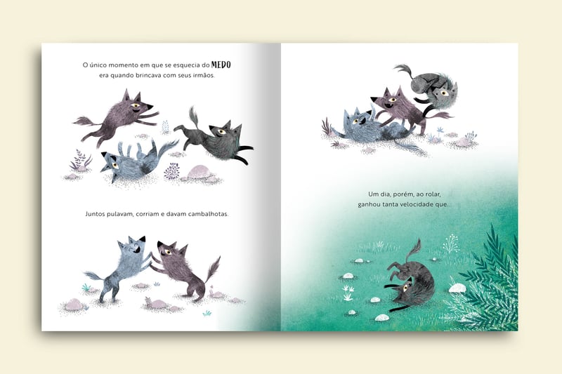 o lobo medroso cinza estava brincando com seus irmaos lobos pulavam corriam e dava cambalhotas porem rolou e ganhou tanta velocidade que livro o lobo medroso colecao emocoes