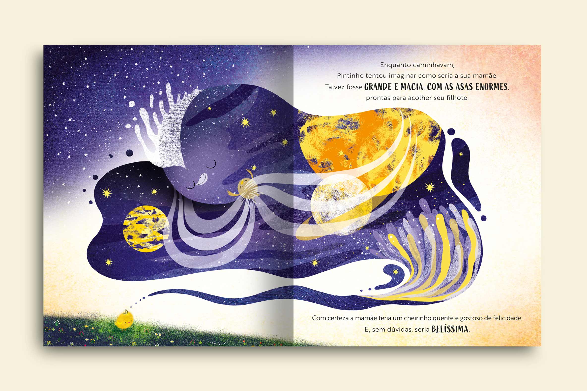 o pintinho amarelo imaginando sua mae grande e macia com asas enormes e seria sem duvidas belissima livro o pintinho feliz colecao emocoes