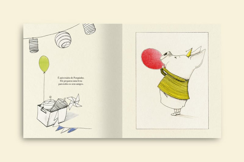 o porquinho de sueter amarelo esta enchendo um balao para comemorar sua festa de aniversario com seus amigos livro uma festa para todos colecao bem querer