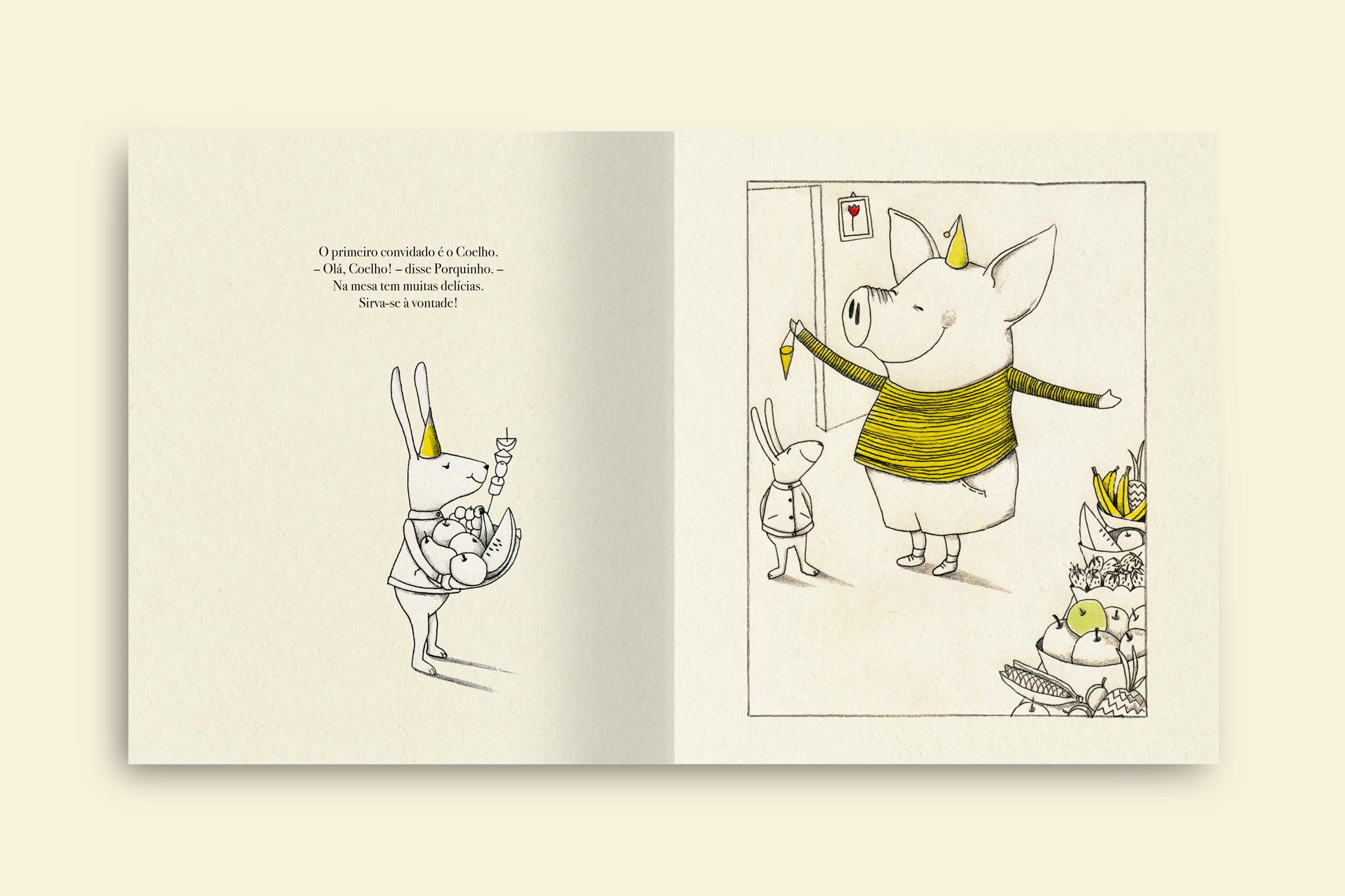 o porquinho recebendo em sua casa o primeiro convidado seu melhor amigo o coelho que esta com chapeu de festa livro uma festa para todos colecao bem querer