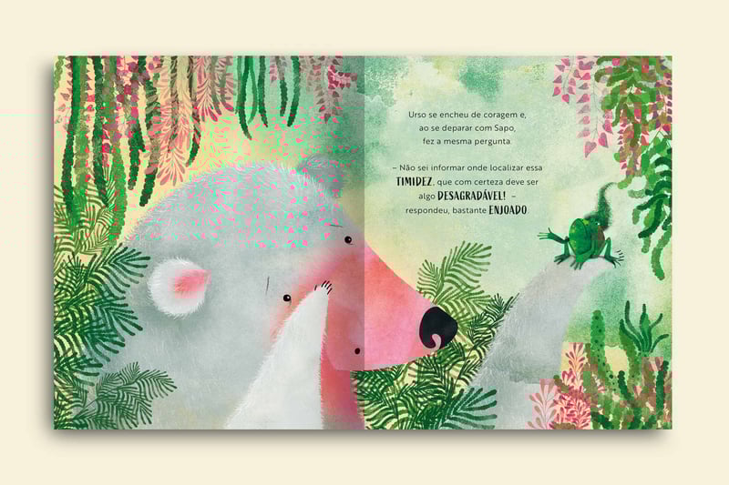 o urso cinza com o focinho rosa conversando com o sapo verde ele nao sabe localizar a timidez respondeu o sapo bastante enjoado livro o urso timido colecao emocoes