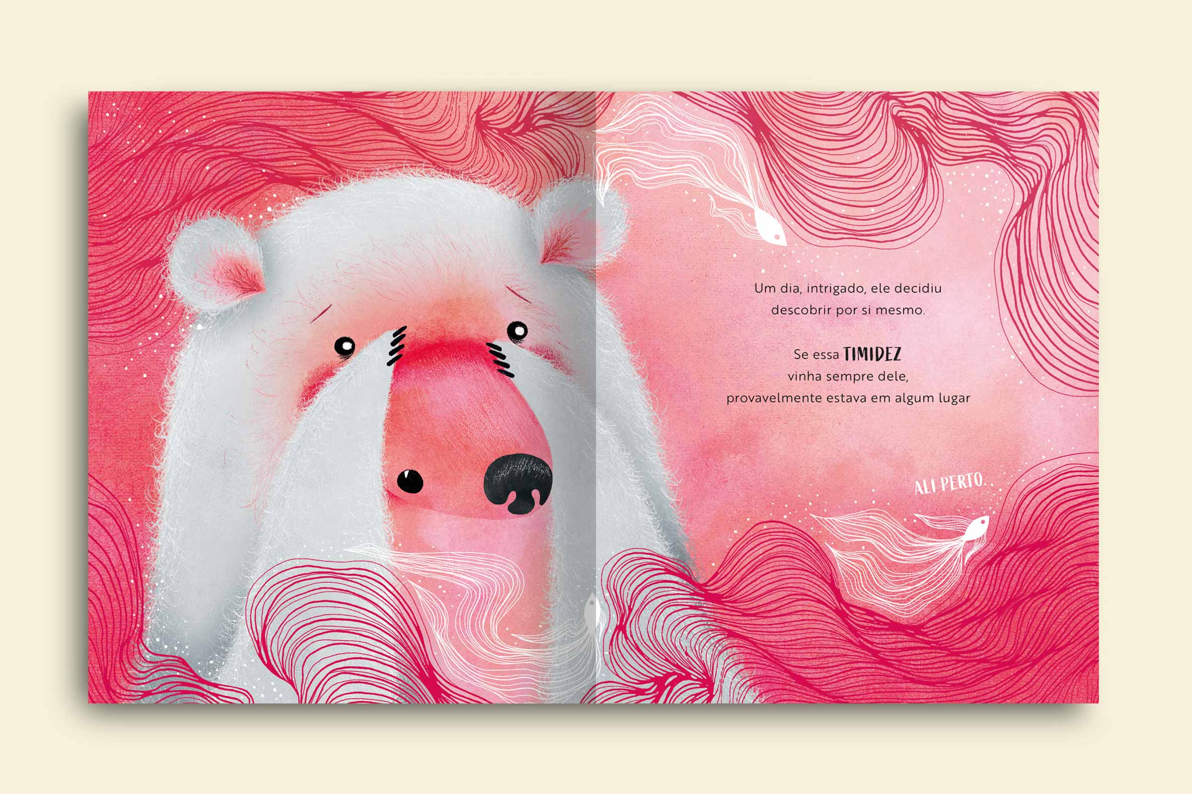 o urso cinza com o rosto rosa de timidez escondendo o rosto em um mar de ondas rosa se perguntando onde esta essa timidez livro o urso timido colecao emocoes
