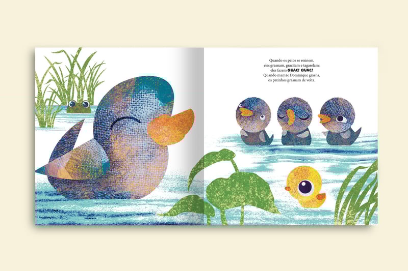 patinhos na lagoa com sua mamae todos felizes e cantando junto a um sapo que os observa livro o patinho esquisito colecao avulsa