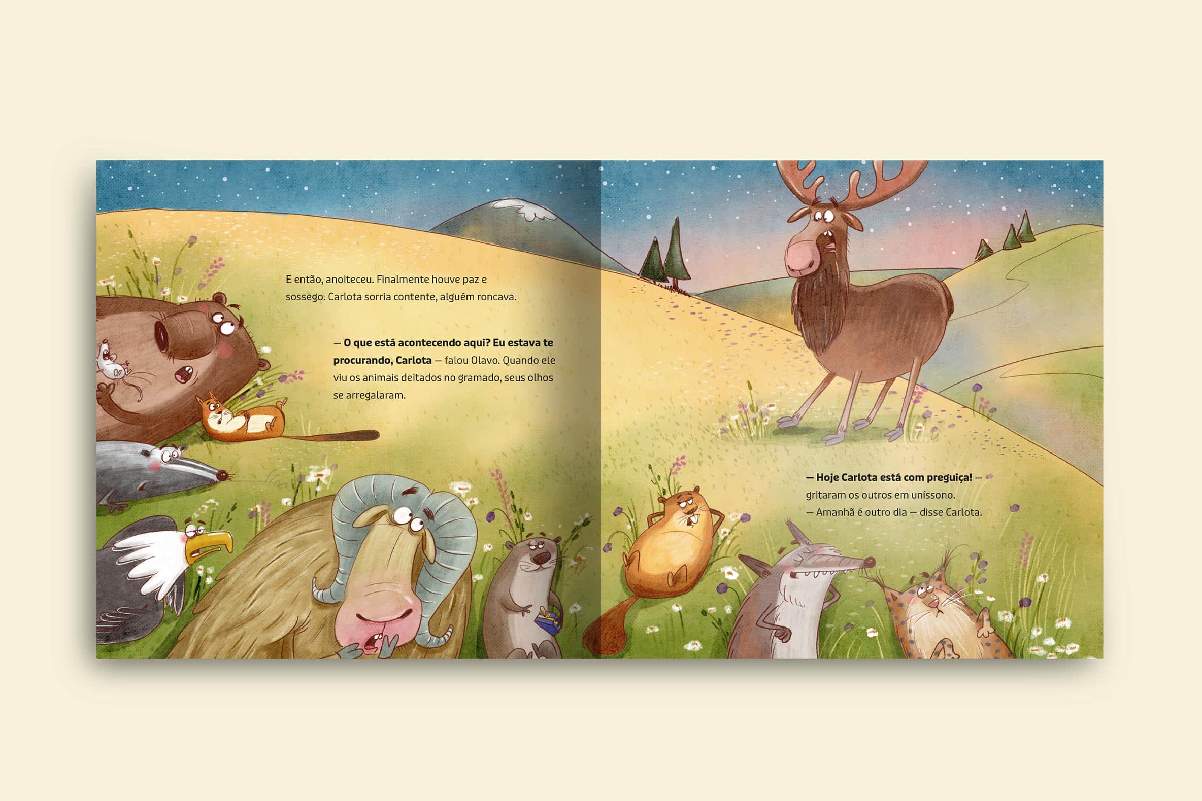 todos os animais juntos deitados de preguica junto com carlota olavo estava espantado e com os olhos livro hoje carlota esta com preguica colecao avulsa