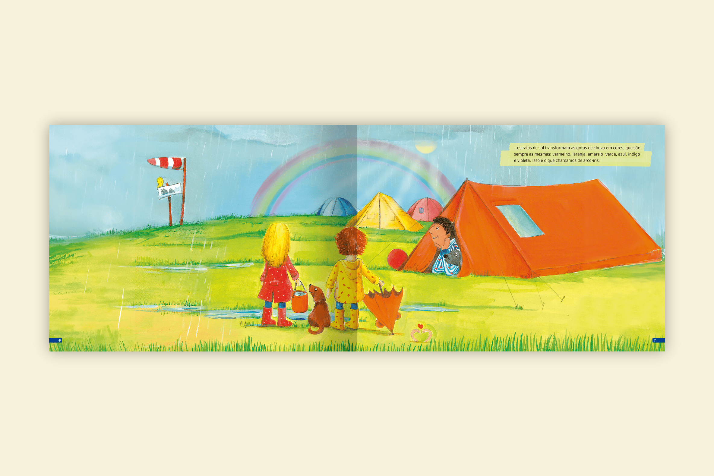 criancas observando arco iris na chuva acampamento editora via ludica