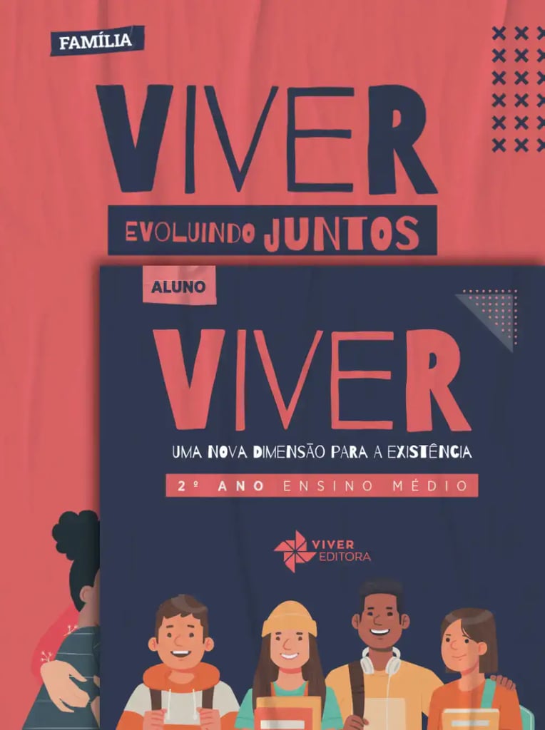Alt: Capa de livro didático do ensino médio para alunos do 2º ano, focando na evolução e convivência juntos, com ilustrações de estudantes felizes e conteúdo educacional da Viver Editora.