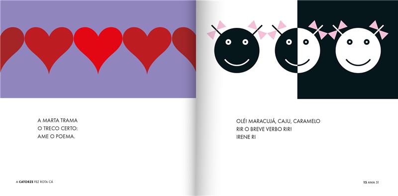 Ilustração de páginas do livro infantil Irene Ri com corações vermelhos e figuras circulares sorridentes, acompanhadas de versos poéticos curtos.