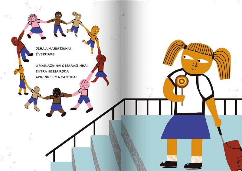 Ilustração de páginas de livro infantil com crianças em roda brincando e personagem segurando pirulito, acompanhadas de versos poéticos.