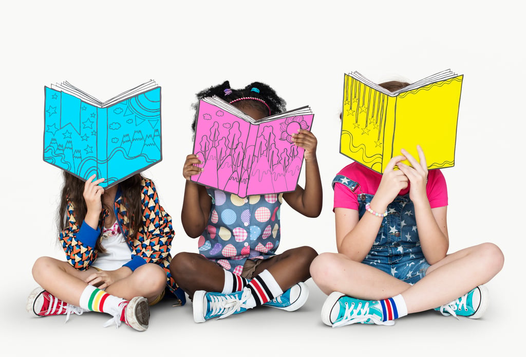 children girlfriends reading book education togetherness studio