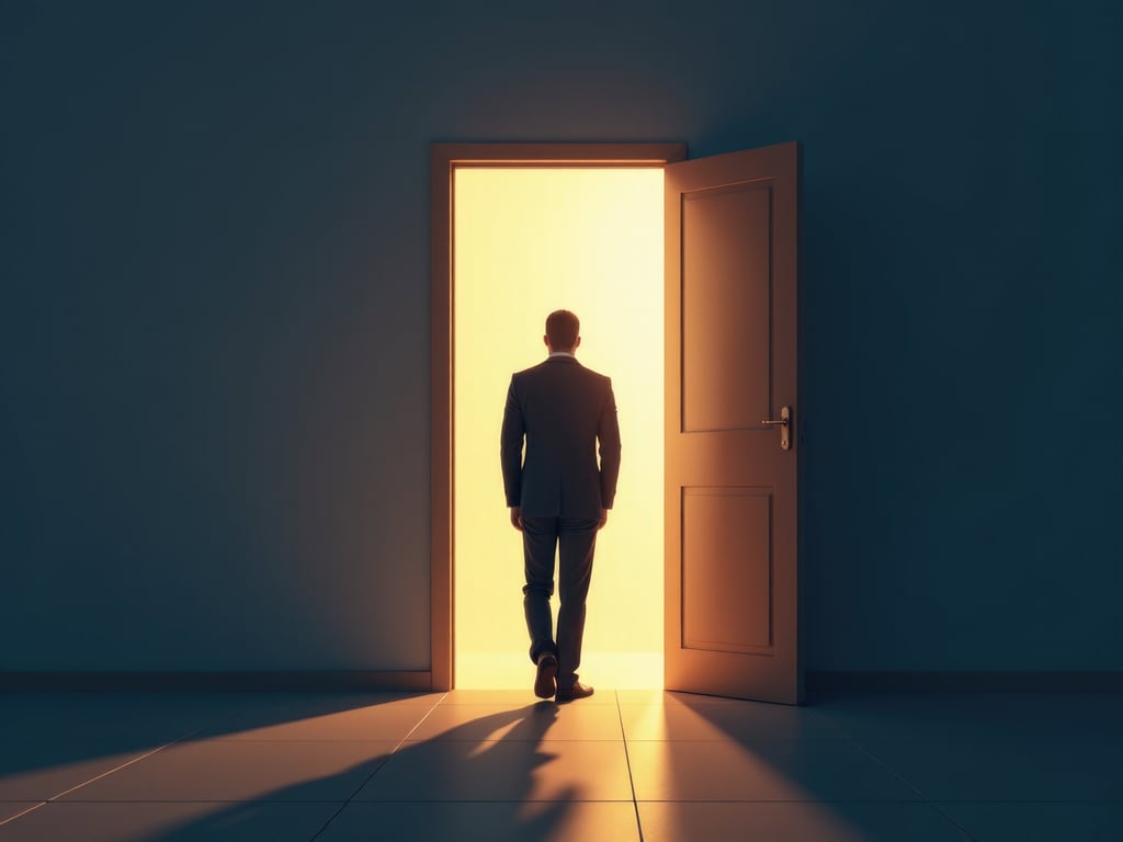 a man standing in front of an open door with a bright light shining through, suggesting possibilities and new opportunities