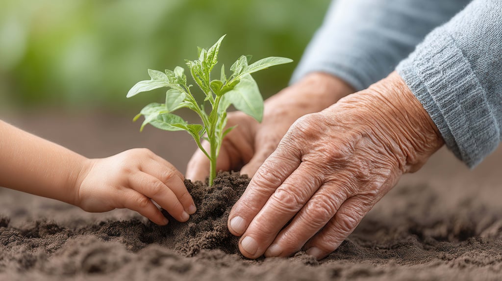 nurturing growth: hands of an elderly individual and a child planting a young green seedling in rich brown soil together