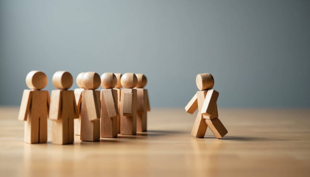 wooden figures show group conformity with one person stepping away. represents individuality, leadership, and breaking from the norm. teamwork contrast, decision making concept.