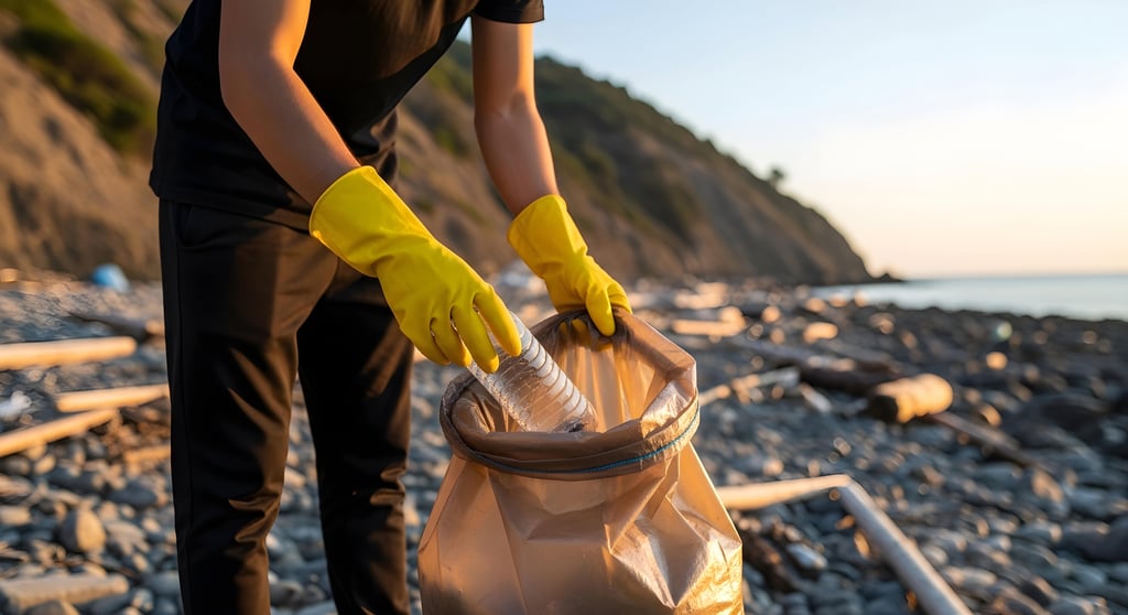 person collecting trash on beach in yellow gloves and casual outfit in natural outdoor lighting for environmental conservation