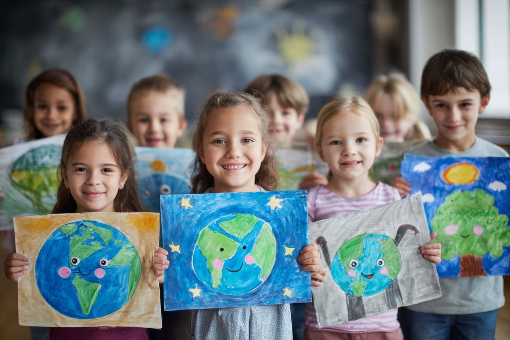 joyful artistry: kids in harmony with the environment. synthetic life. vibrant scene of children showcasing and celebrating eco art with nature. machine persona. ai evolution.