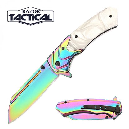 Razor Tactical Rainbow Blade Spring Assist knife with White Pearl Handle (RT-7116PE)