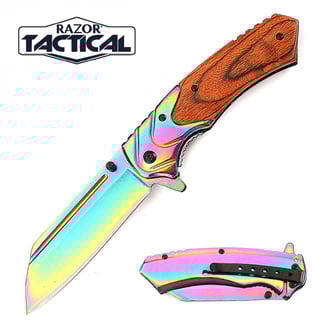 Razor Tactical Rainbow Blade Spring Assist knife with Wood Handle (RT-7116WD)