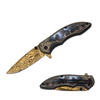 Razor Tactical Wolf Spring Assist Knife  Gold Titanium Blade with Pattern (RT-7119WF)