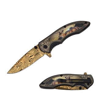 Razor Tactical Deer Spring Assist Knife Gold Titanium Blade with Pattern (RT-7119DR)
