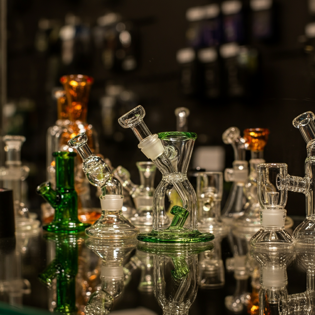 A display of high-quality glass smoking accessories, including uniquely designed water pipes and bubblers, showcased in a smoke shop
