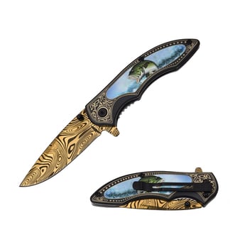 Razor Tactical Bass Spring Assist Knife Gold Titanium Blade with Pattern (RT-7119BF)