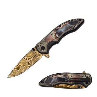 Razor Tactical Bear Spring Assist Knife Gold Titanium Blade with Pattern (RT-7119BR)