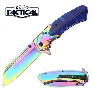Razor Tactical Rainbow Blade Spring Assist Knife with Blue Pearl Handle (RT-7116BL)