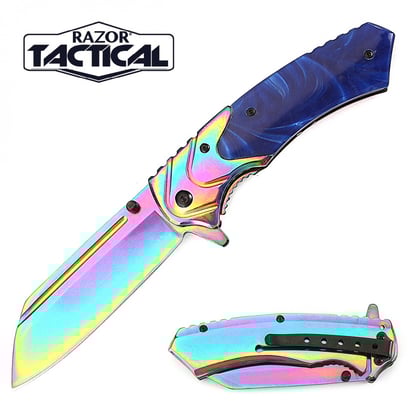 Razor Tactical Rainbow Blade Spring Assist Knife with Blue Pearl Handle (RT-7116BL)