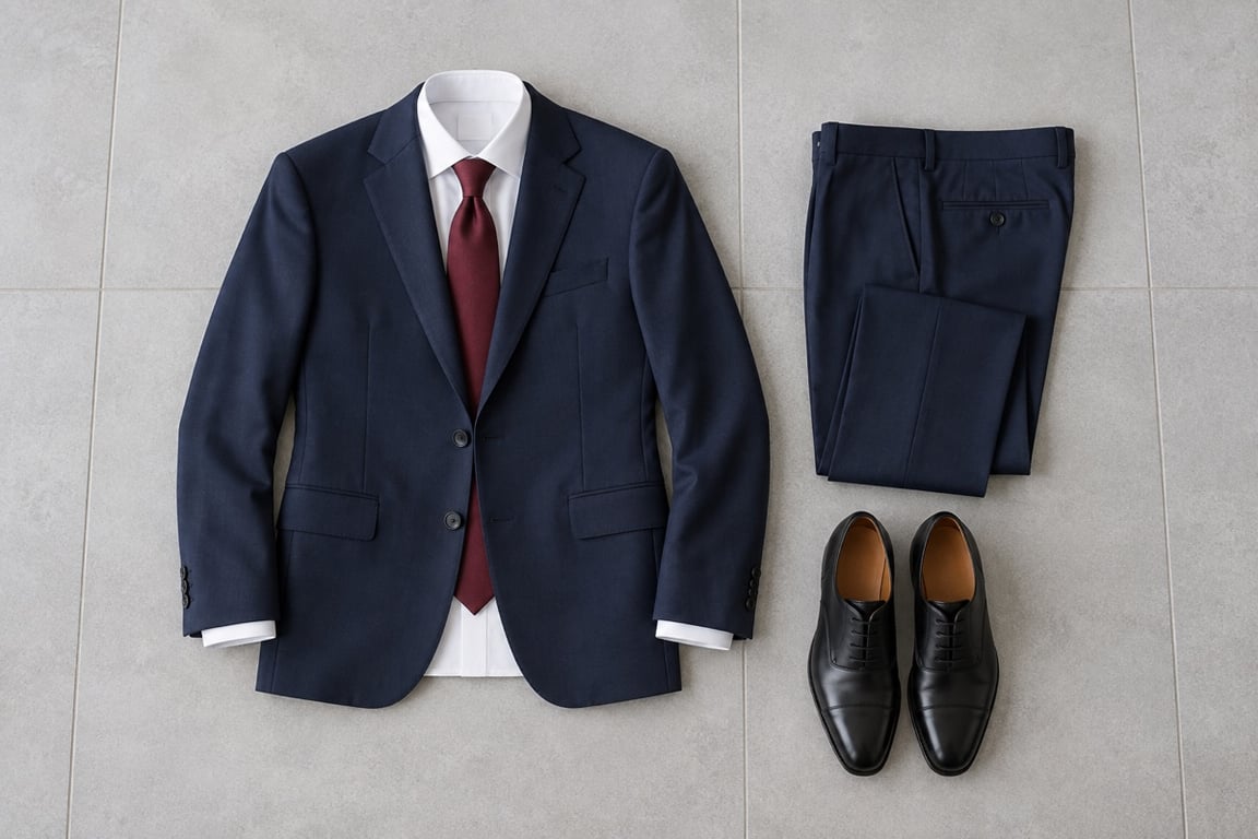 Navy suit with a white shirt, burgundy tie and black dress shoes arranged on light-grey tile.