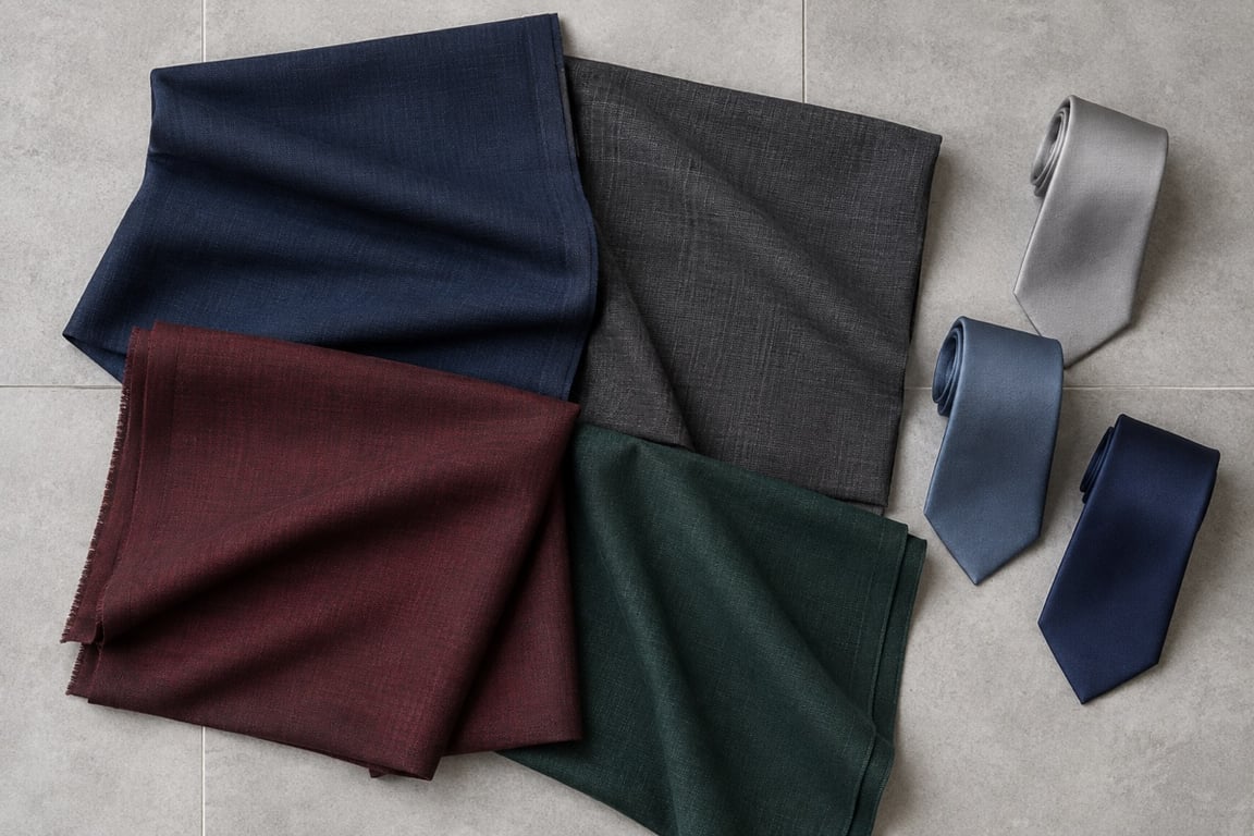 Navy, charcoal, burgundy and emerald suiting fabrics beside silver and blue ties.