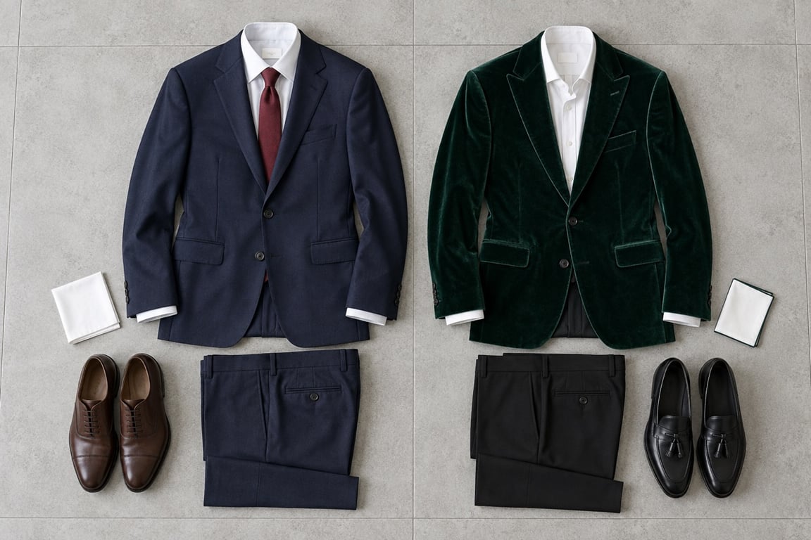 Navy matching suit beside an emerald velvet jacket with black trousers, both paired with white shirts.