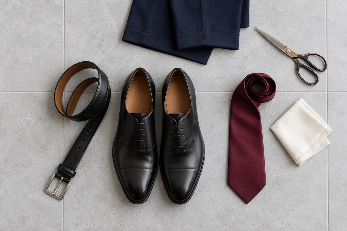Black dress shoes and belt beside a burgundy tie, ivory pocket square, navy trouser hems and tailor’s shears.