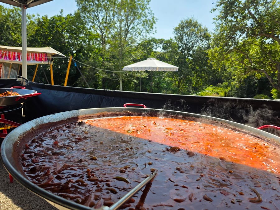 Two large pans of food are steaming, with one in the foreground showing a rich, dark stew and the other a brighter, orange-red dish