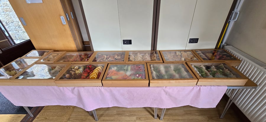 A buffet table laden with a variety of individually boxed sandwiches, fruit, and salads, perfect for a corporate or event lunch