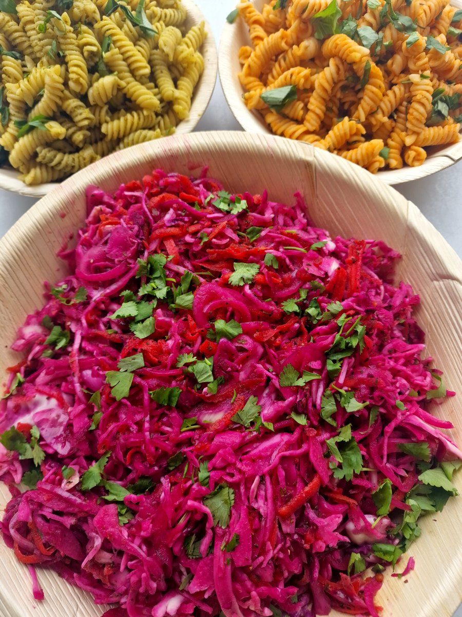 Three bowls of colourful pasta salads and coleslaw, garnished with fresh herbs