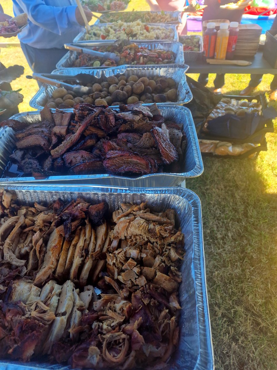 Outdoor buffet spread featuring trays of pulled pork, sliced brisket, and various salads